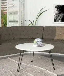 שולחן קפה עגול לבן עם רגליים שחורות
