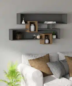 מדף קיר מעוצב בגימור אגוז-פחם - תצוגה מרשימה עם פריטי דקורציה