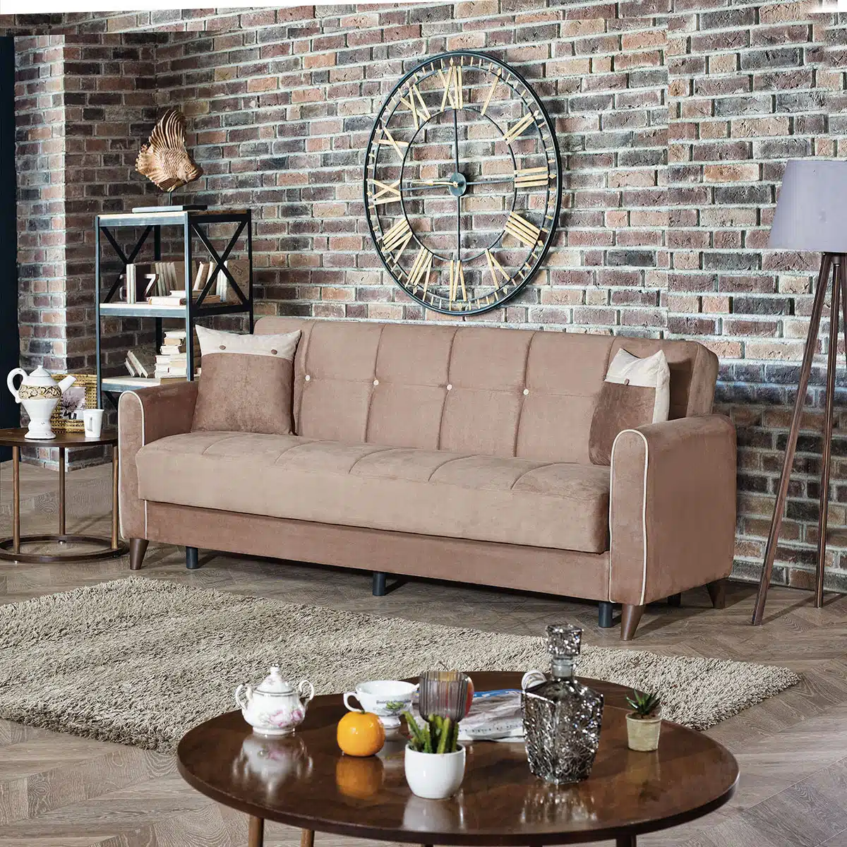 ספה נפתחת צבע קפה לאטה - ספה נפתחת עם ארגז מצעים בבד חום בהיר - כל הרהיטים סטייל מאסטר רהיטים - רהיטים איכותיים לבית ולמשרד