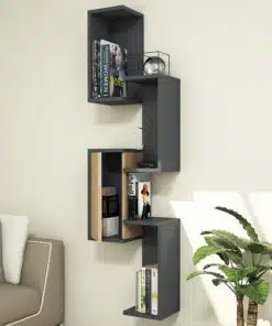 מדף מעוצב לסלון אפור פחם משולב עם אלון