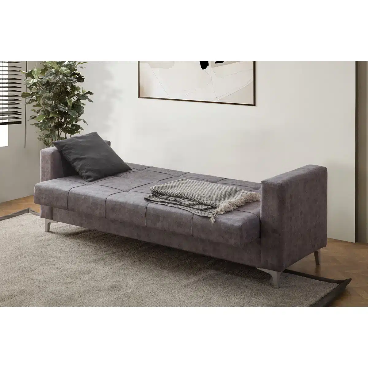 ספה נפתחת למיטה - ספה תלת מושבית נפתחת עם ארגז מצעים בבד אפור - כל הרהיטים סטייל מאסטר רהיטים - רהיטים איכותיים לבית ולמשרד