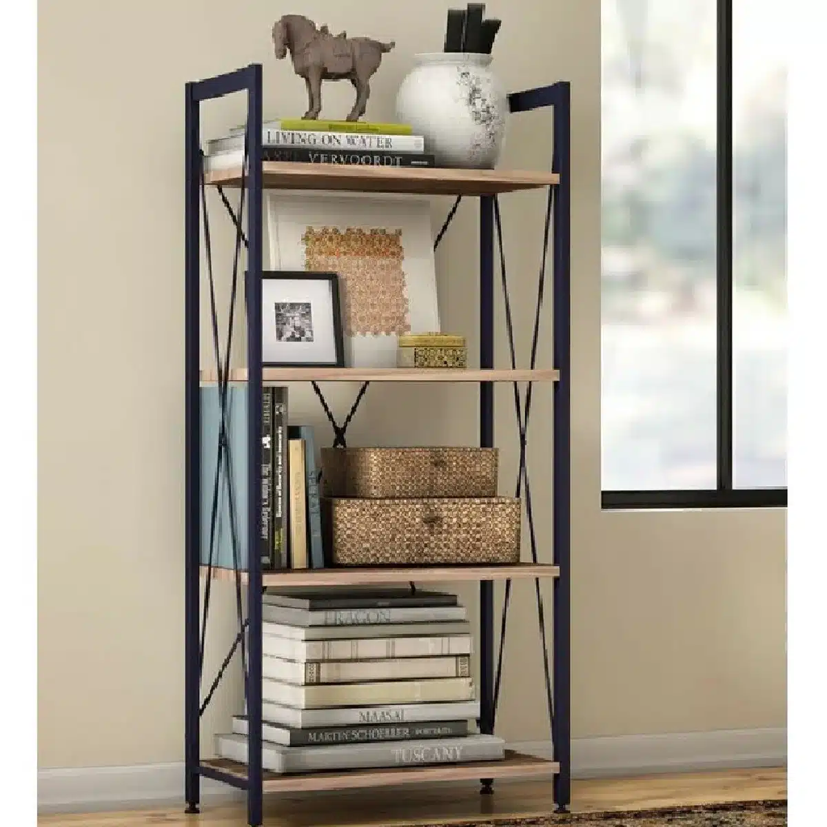 כוננית מדפים פתוחה - ארון מדפים פתוח | ארון מדפים פתוח BR11082 – ספרייה מעוצבת עם 4 מדפי אחסון - ארון משרדי סטייל מאסטר רהיטים - רהיטים איכותיים לבית ולמשרד