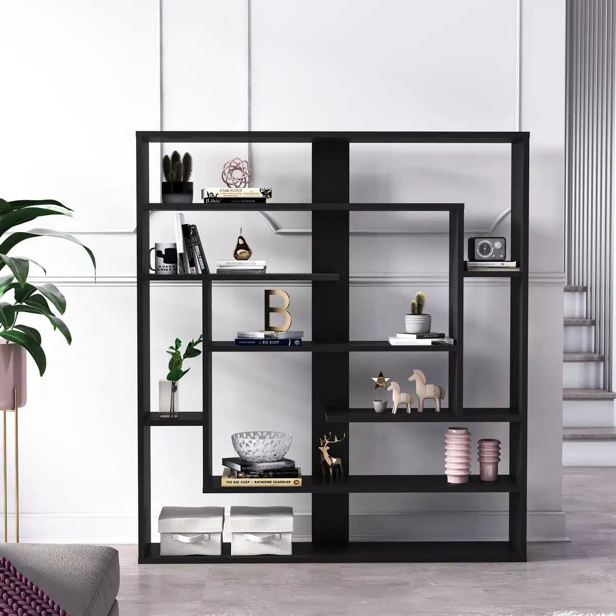 ארון ספריה בסגנון כוורת בצבע שחור - ארון ספרים מעוצב בסגנון כוורת בצבע שחור - ארון משרדי סטייל מאסטר רהיטים - רהיטים איכותיים לבית ולמשרד