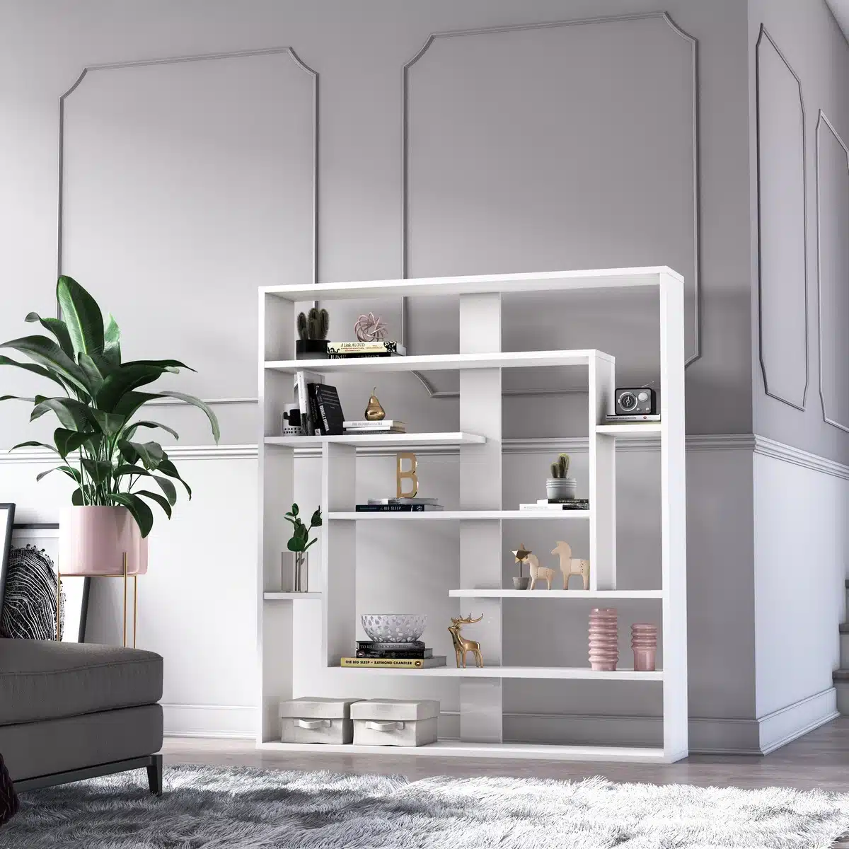 ארון פתוח לספרים לסלון - כוורת מעוצבת לבנה - ארון משרדי סטייל מאסטר רהיטים - רהיטים איכותיים לבית ולמשרד