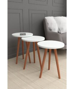 שולחן צד עגולים לסלון בצבע לבן עם עץ - בזול