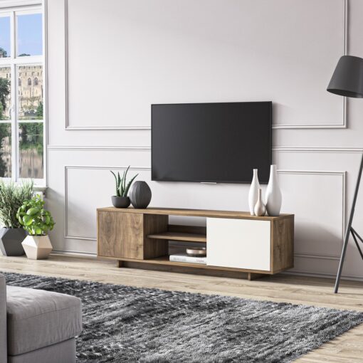 מזנון טלוויזיה לסלון לבן ועץ