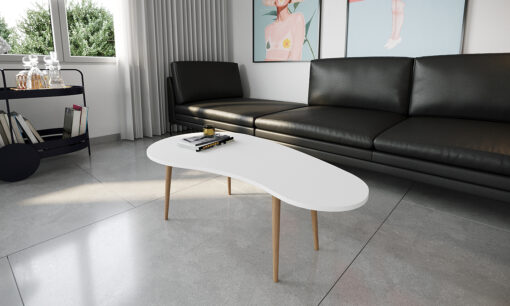 שולחן סלון לבן עם רגלים בגימור עץ