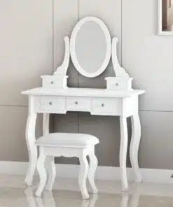 שידת איפור עם מראה אובלית בצבע לבן