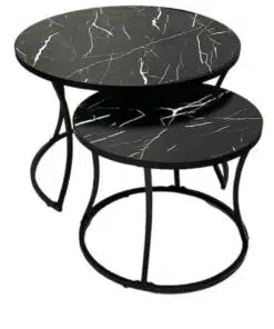 זוג שולחנות עגולים לסלון דמוי שיש שחור עם גידים