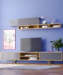 מזנון טלווזיה מודרני עם מדפים תואמים