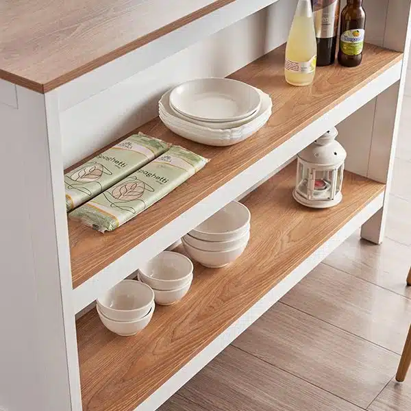 שולחן אי למטבח עם מדפים - שולחן אי למטבח - כל הרהיטים עם למטבח לבן משולב עץ במבצע