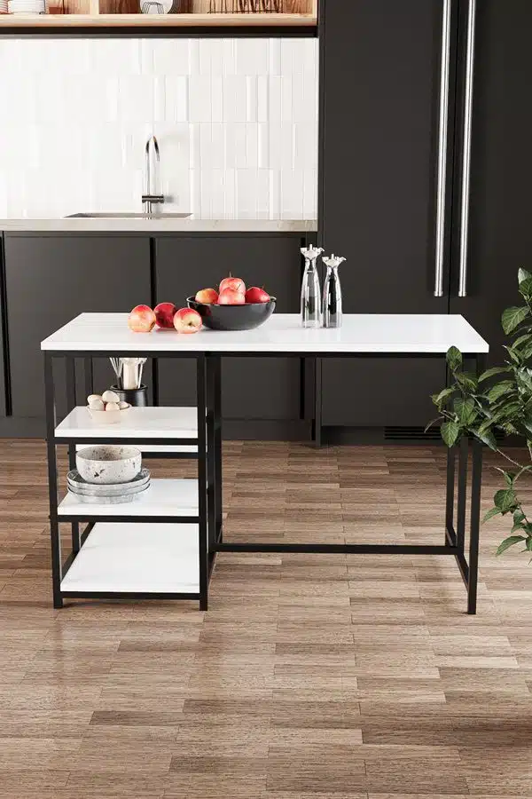 שולחן למטבח בצבע לבן - שולחן אי למטבח עם מדפים במבצע - כל הרהיטים שולחן למטבח בצבע לבן