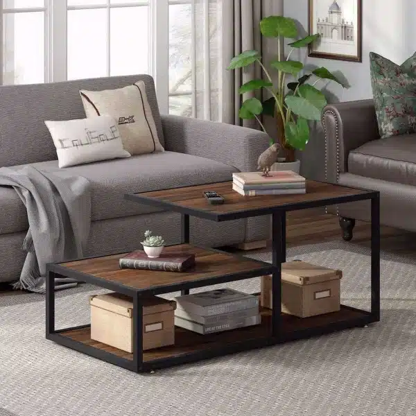 שולחן סלון עץ אגוז - שולחן לסלון מעץ ומתכת בעיצוב מודרג עם מדף אחסון - שולחנות לסלון שולחן סלון עץ אגוז