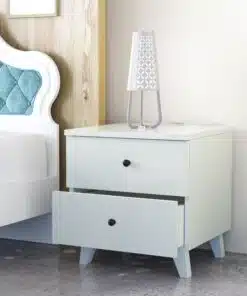 שידת לילה לבנה עם ידיות שחורות