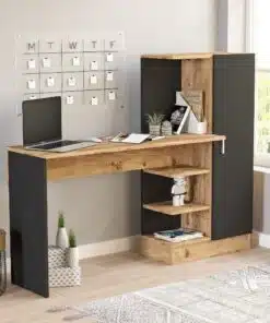 שולחן כתיבה עם מדפים לאחסון - שחור ועץ