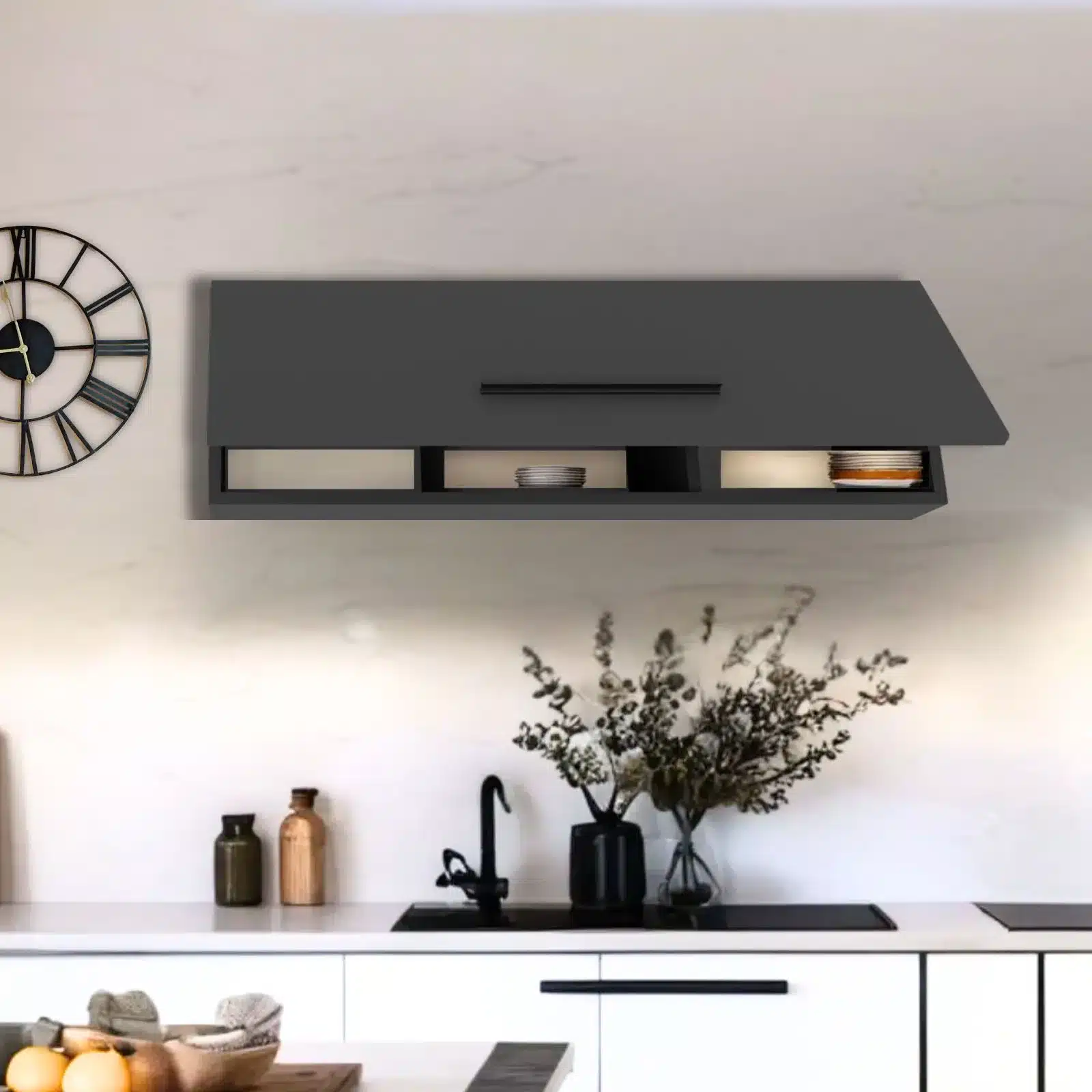 ארון תלוי לאמבטיה אפור - ארון מטבח עליון למטבח עם קלאפה ארון קלאפה תלוי לאבמטיה- פתרון אחסון מושלם ופרקטי – רוחב 95 ס"מ - ארונות סטייל מאסטר רהיטים - רהיטים איכותיים לבית ולמשרד ארון תלוי לאמבטיה אפור