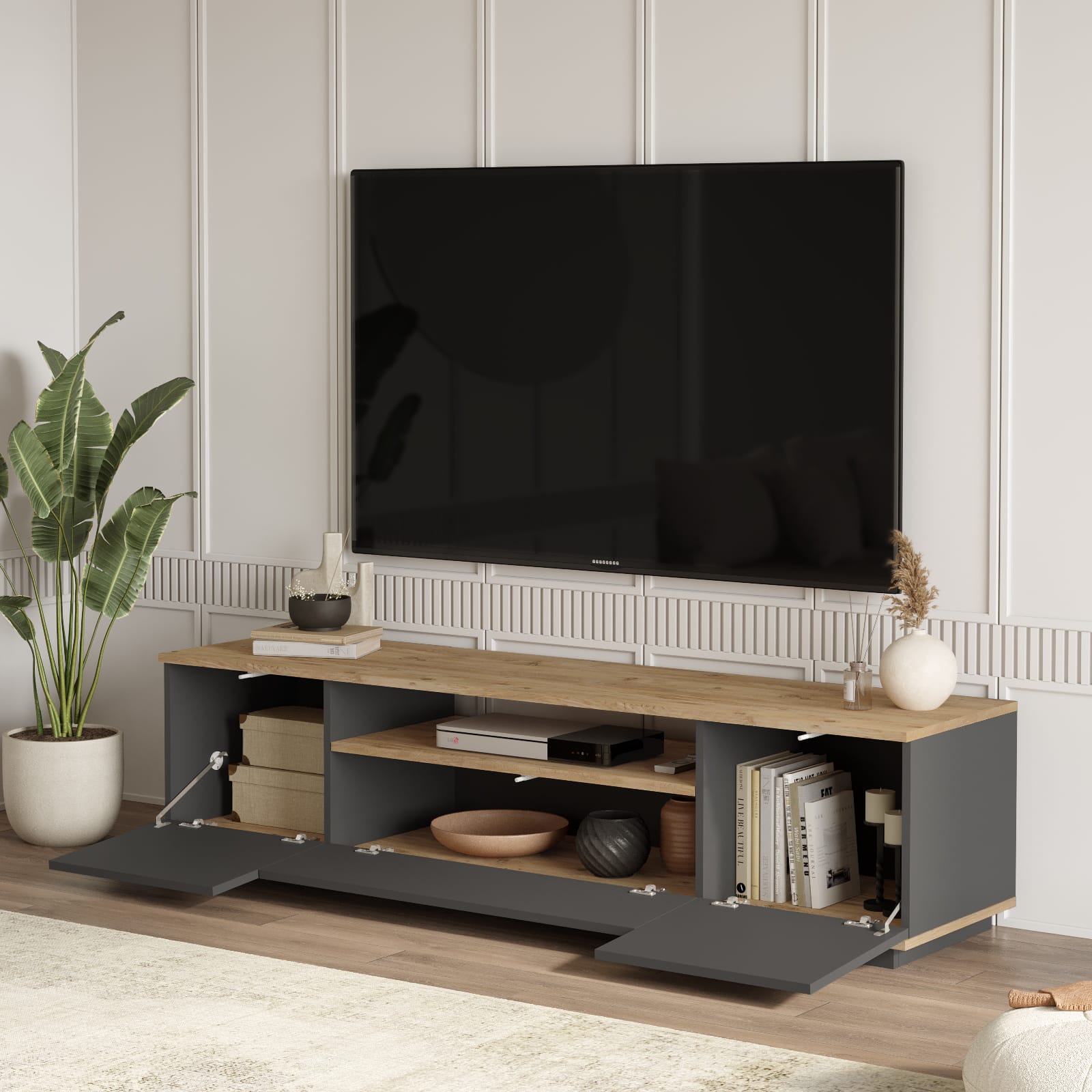 מזנון טלוויזיה בגימור אפור-אורן - מראה בהיר ורענן - מזנון טלוויזיה מעוצב בסגנון מודרני – פתרון אחסון מושלם לסלון - מזנון טלויזיה סטייל מאסטר רהיטים - רהיטים איכותיים לבית ולמשרד מזנון טלוויזיה בגימור אפור-אורן - מראה בהיר ורענן