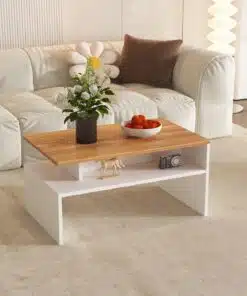שולחן סלון מלבני לבן ועץ רוחב 90 עם אחסון