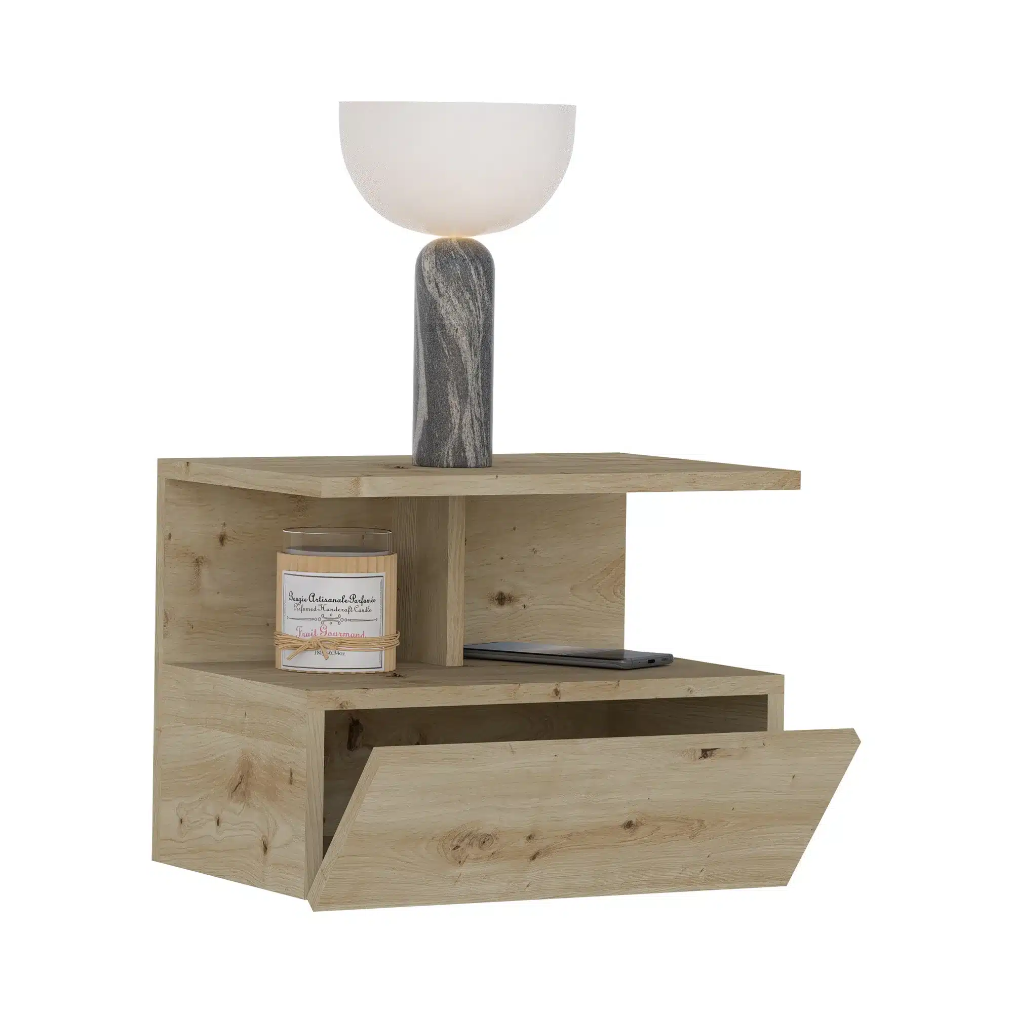 שידת לילה צפה עם קלאפה - שידת לילה תלויה מעוצבת – פתרון אחסון אלגנטי לחדר השינה | שידת צד צפה עם קלאפת אחסון בגוון אלון - שידות לילה סטייל מאסטר רהיטים - רהיטים איכותיים לבית ולמשרד שידת לילה צפה עם קלאפה