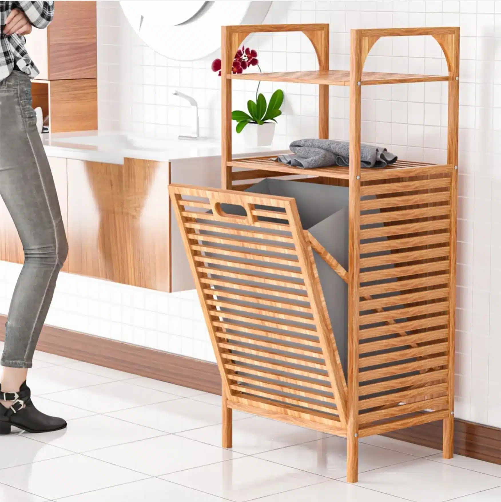 ארון כביסה על סל - ארון כביסה מבמבוק עם סל נשלף – פתרון אחסון רב-תכליתי לאמבטיה - כל הרהיטים סטייל מאסטר רהיטים - רהיטים איכותיים לבית ולמשרד ארון כביסה על סל