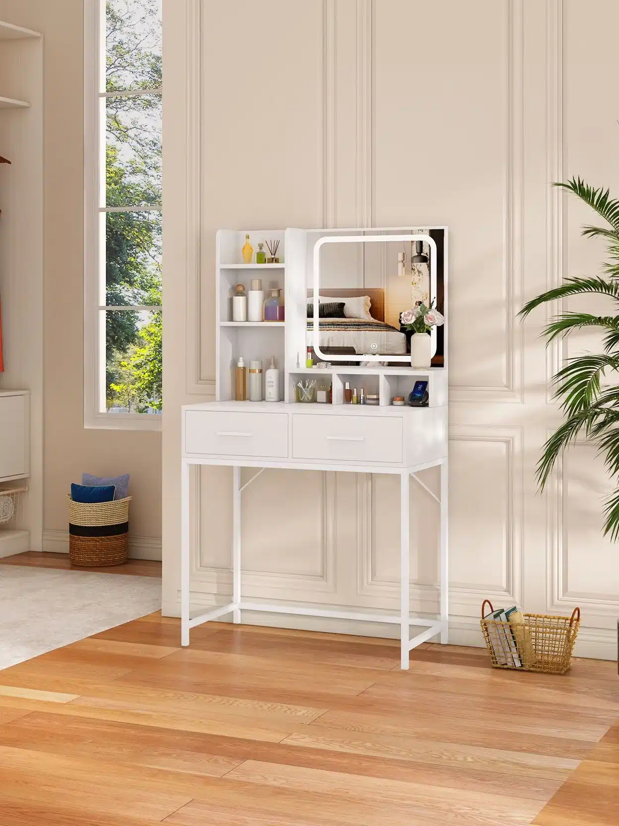 שידת איפור דגם טיק טוק - שידת איפור לבנה עם תאורת LED – פתרון שיקי ואלגנטי - שידות איפור סטייל מאסטר רהיטים - רהיטים איכותיים לבית ולמשרד שידת איפור דגם טיק טוק