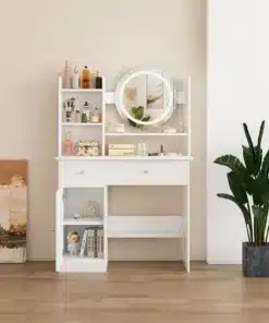 שידת איפור לבנה עם מראה עגולה ותאורה