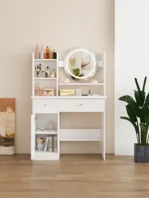 שידת איפור לבנה עם מראה עגולה ותאורה