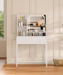 שידת איפור לבנה עם מראת לדים