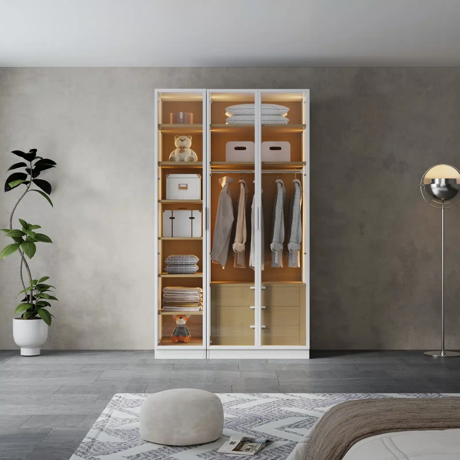 ארון-3-דלתות_2-2jpg - ארון בגדים 3 דלתות זכוכית בצבע לבן במבצע - ארון בגדים 3 דלתות זכוכית עם תאורת LED סטייל מאסטר רהיטים - רהיטים איכותיים לבית ולמשרד ארון 3 דלתות