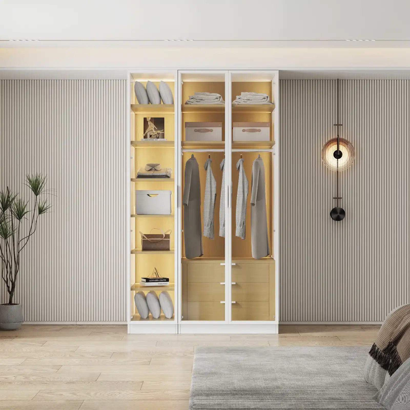 ארון-בגדים_1-7jpg - ארון בגדים 3 דלתות זכוכית בצבע לבן במבצע - ארון בגדים 3 דלתות זכוכית עם תאורת LED סטייל מאסטר רהיטים - רהיטים איכותיים לבית ולמשרד ארון בגדים