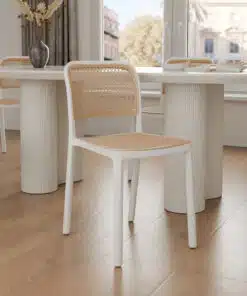 כיסא אוכל פנים וחוץ דמוי ראטן - כיסא מודרני לפינת אוכל ומרפסת לבן וראטן